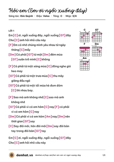 Hợp âm Hỏi em (Em ơi ngồi xuống đây) (Đức Quỳnh) – bản nhạc PDF trang 1, tông C