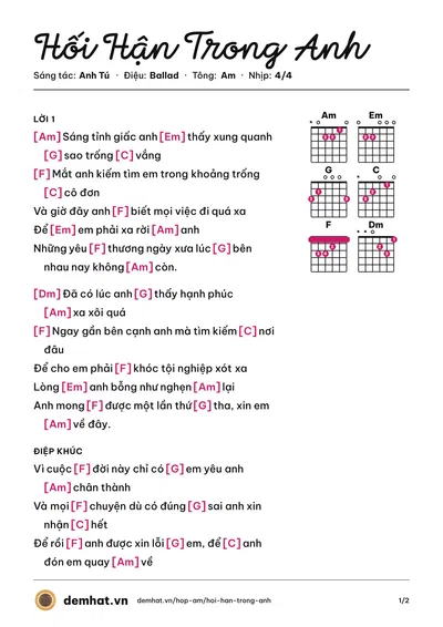 Hợp âm Hối Hận Trong Anh (Tuấn Hưng) – bản nhạc PDF trang 1, tông Am