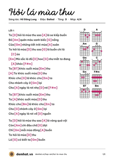 Hợp âm Hỏi lá mùa thu (Hồ Đăng Long) – bản nhạc PDF trang 1, tông D