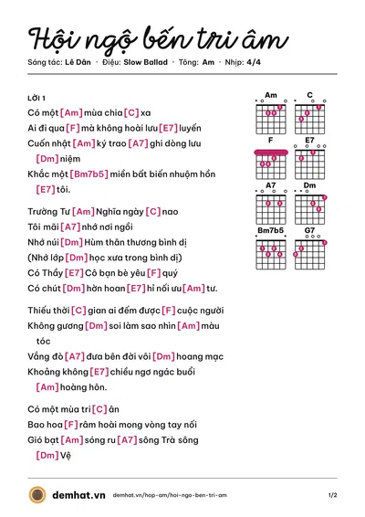 Hợp âm Hội ngộ bến tri âm (Lưu Trường Hải) – bản nhạc PDF trang 1, tông Am