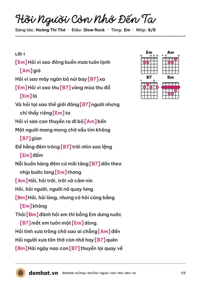Hợp âm Hỡi Người Còn Nhớ Đến Ta (Trịnh Lam) – bản nhạc PDF trang 1, tông Em