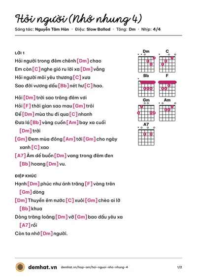 Hợp âm Hỏi người (Nhớ nhung 4) (Nguyễn Tâm Hàn) – bản nhạc PDF trang 1, tông Dm