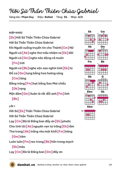 Hợp âm Hỡi Sứ Thần Thiên Chúa Gabriel (Thái Hiền) – bản nhạc PDF trang 1, tông Eb
