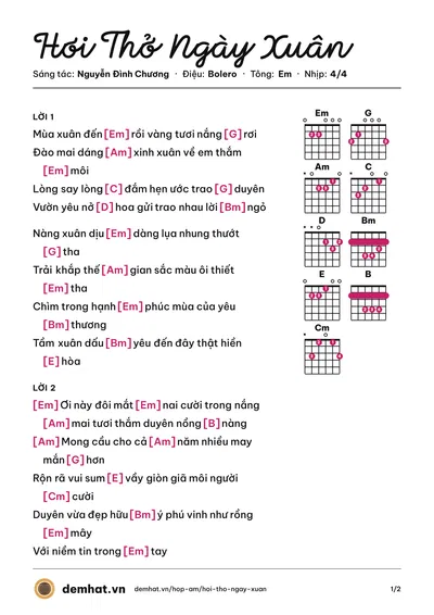 Hợp âm Hơi Thở Ngày Xuân (Nguyễn Đình Chương) – bản nhạc PDF trang 1, tông Em