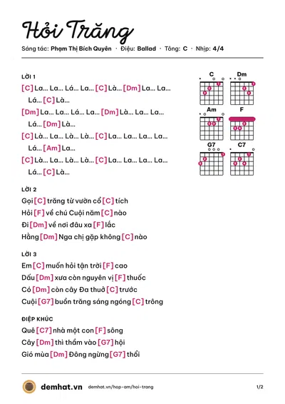 Hợp âm Hỏi Trăng (Tú Anh) – bản nhạc PDF trang 1, tông C