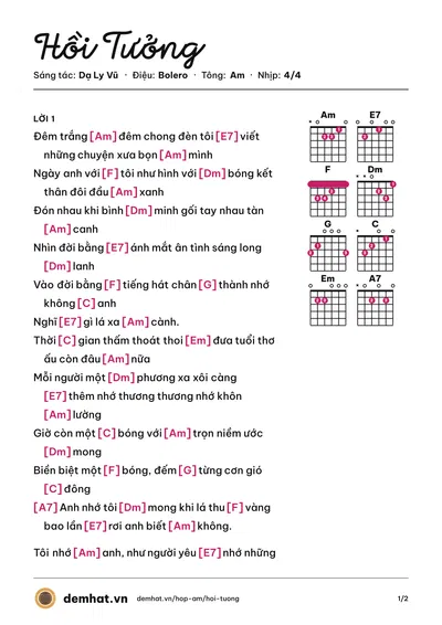 Hợp âm Hồi Tưởng (Thanh Tuyền) – bản nhạc PDF trang 1, tông Am