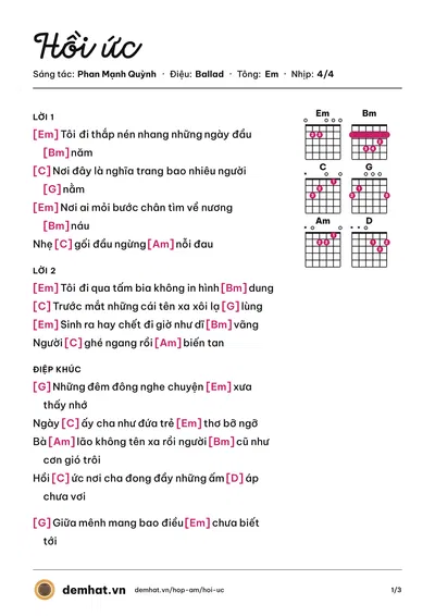 Hợp âm Hồi ức (Phan Mạnh Quỳnh) – bản nhạc PDF trang 1, tông Em