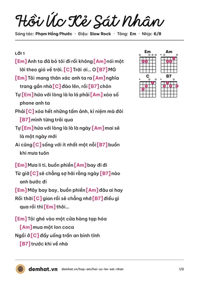 Hợp âm Hồi Ức Kẻ Sát Nhân (Phạm Hồng Phước) – bản nhạc PDF trang 1, tông Em
