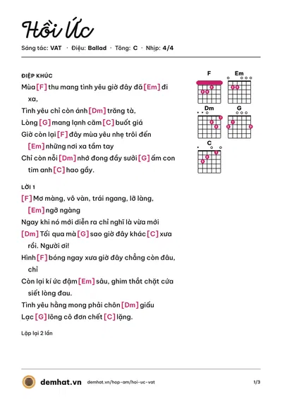 Hợp âm Hồi Ức (VAT) – bản nhạc PDF trang 1, tông C