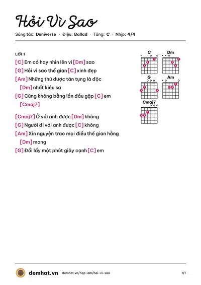 Hợp âm Hỏi Vì Sao (Duniverse) – bản nhạc PDF trang 1, tông C