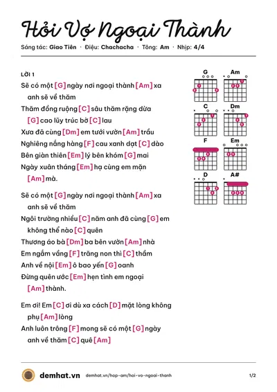 Hợp âm Hỏi Vợ Ngoại Thành (Chế Thanh) – bản nhạc PDF trang 1, tông Am