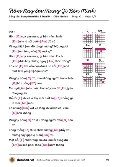 Hợp âm Hôm Nay Em Mang Gì Bên Mình (Barry Nam Bảo) – bản nhạc PDF trang 1, tông C