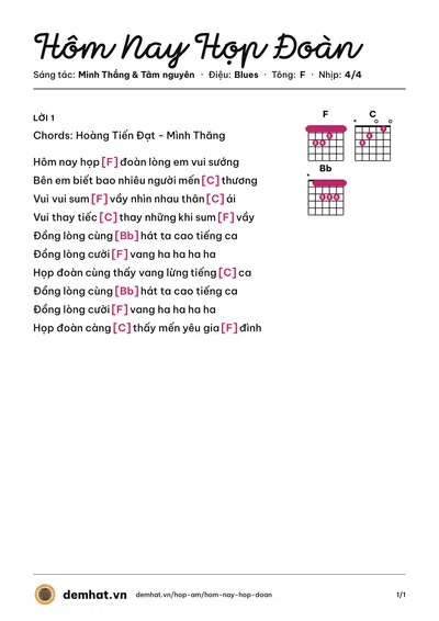 Hợp âm Hôm Nay Họp Đoàn (Tốp ca Khánh Vân) – bản nhạc PDF trang 1, tông F