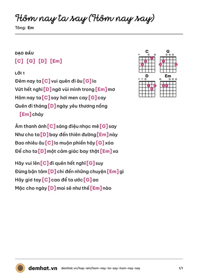 Hợp âm Hôm nay ta say (Hôm nay say) (Lê Bảo Bình) – bản nhạc PDF trang 1, tông Em