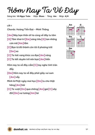 Hợp âm Hôm Nay Ta Về Đây (Trung Nghĩa) – bản nhạc PDF trang 1, tông Am