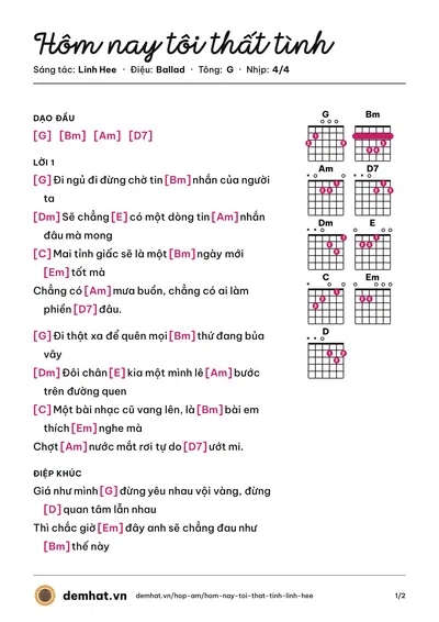 Hợp âm Hôm nay tôi thất tình (Linh Hee) – bản nhạc PDF trang 1, tông G