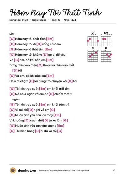 Hợp âm Hôm Nay Tôi Thất Tình (MCK) – bản nhạc PDF trang 1, tông G