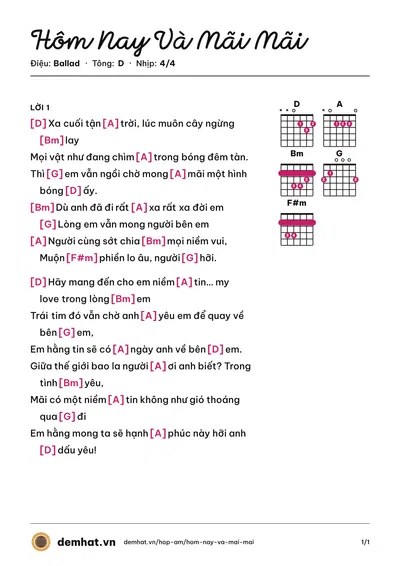 Hợp âm Hôm Nay Và Mãi Mãi (Mây Trắng) – bản nhạc PDF trang 1, tông D
