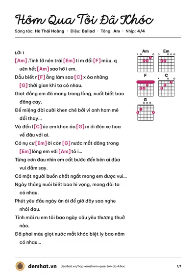 Hợp âm Hôm Qua Tôi Đã Khóc (Hoàng Lê Vi) – bản nhạc PDF trang 1, tông Am