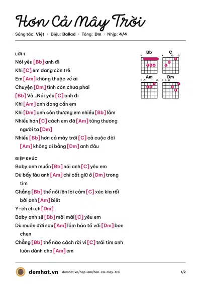 Hợp âm Hơn Cả Mây Trời (Việt) – bản nhạc PDF trang 1, tông Dm