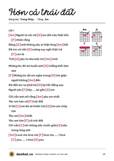 Hợp âm Hơn cả trái đất (Trang Pháp) – bản nhạc PDF trang 1, tông Am