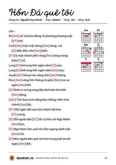 Hợp âm Hồn Đá quê tôi (Quang Hào) – bản nhạc PDF trang 1, tông Am