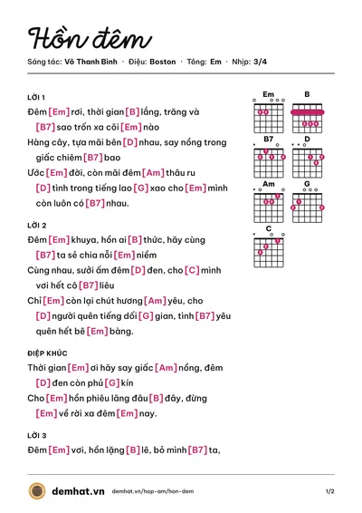 Hợp âm Hồn đêm (Thanh Tuyền Ebony) – bản nhạc PDF trang 1, tông Em