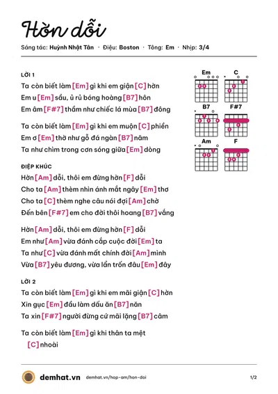 Hợp âm Hờn dỗi (Tuấn Ngọc) – bản nhạc PDF trang 1, tông Em