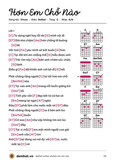 Hợp âm Hơn Em Chỗ Nào (Thùy Chi) – bản nhạc PDF trang 1, tông C