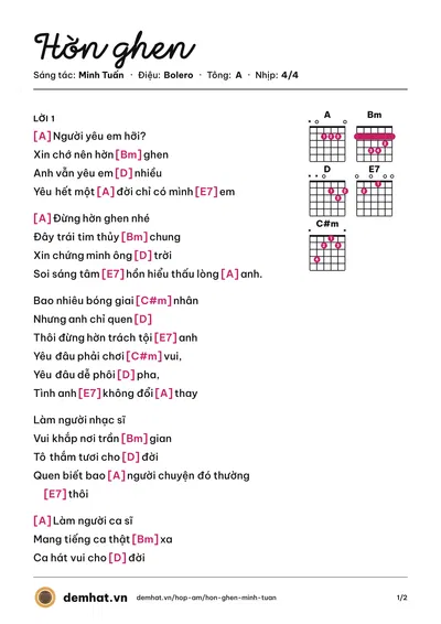 Hợp âm Hờn ghen (Quang Minh) – bản nhạc PDF trang 1, tông A