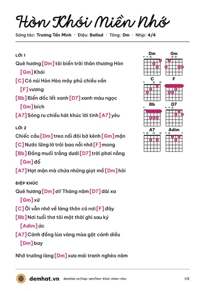 Hợp âm Hòn Khói Miền Nhớ (Mai Vĩnh Hoành) – bản nhạc PDF trang 1, tông Dm