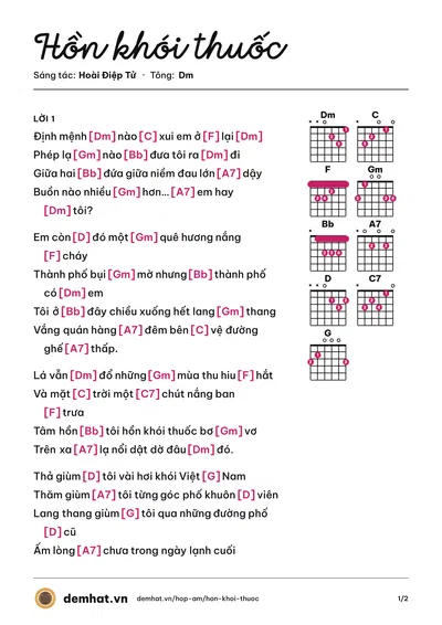 Hợp âm Hồn khói thuốc (Thái Châu) – bản nhạc PDF trang 1, tông Dm