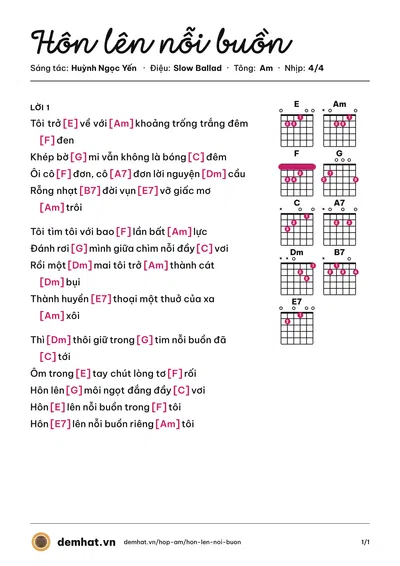 Hợp âm Hôn lên nỗi buồn (Dzoãn Minh) – bản nhạc PDF trang 1, tông Am