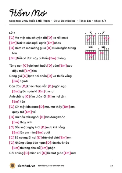 Hợp âm Hồn Mơ (Châu Tuấn) – bản nhạc PDF trang 1, tông Em