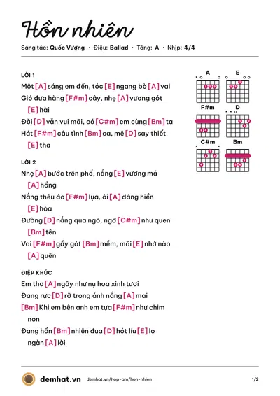 Hợp âm Hồn nhiên (Hiền Thục) – bản nhạc PDF trang 1, tông A