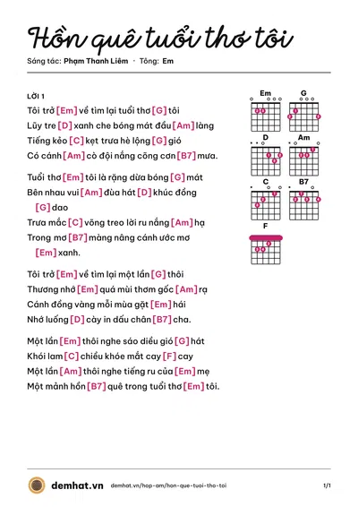 Hợp âm Hồn quê tuổi thơ tôi (Quỳnh Nga) – bản nhạc PDF trang 1, tông Em
