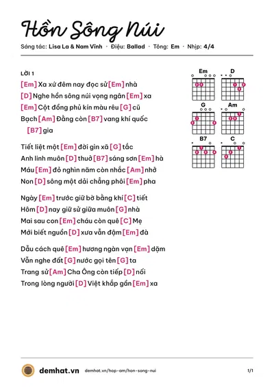 Hợp âm Hồn Sông Núi (Lisa La) – bản nhạc PDF trang 1, tông Em