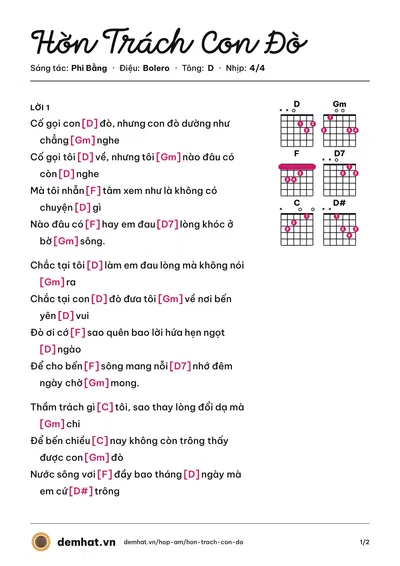 Hợp âm Hờn Trách Con Đò (Dương Ngọc Thái) – bản nhạc PDF trang 1, tông D