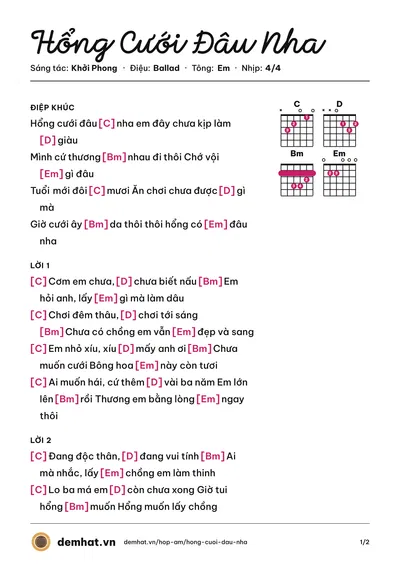 Hợp âm Hổng Cưới Đâu Nha (Võ Kiều Vân) – bản nhạc PDF trang 1, tông Em