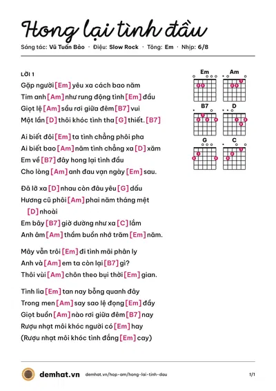Hợp âm Hong lại tình đầu (Vũ Khanh) – bản nhạc PDF trang 1, tông Em
