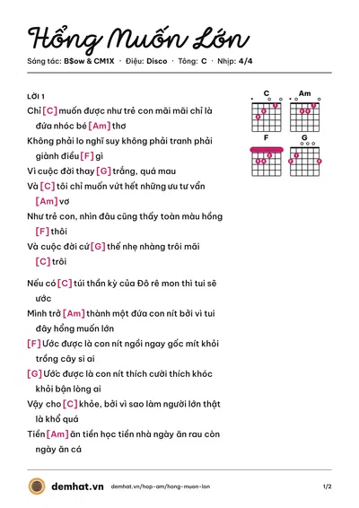 Hợp âm Hổng Muốn Lớn (Đinh Trang) – bản nhạc PDF trang 1, tông C