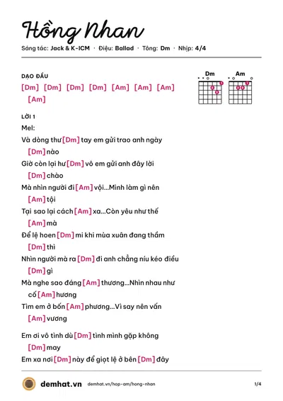 Hợp âm Hồng Nhan (Jack) – bản nhạc PDF trang 1, tông Dm