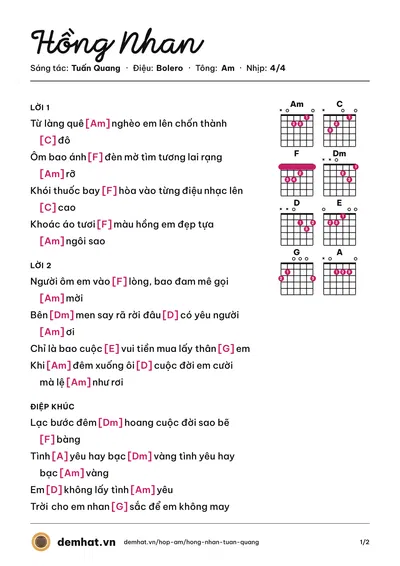 Hợp âm Hồng Nhan (Tuấn Quang) – bản nhạc PDF trang 1, tông Am