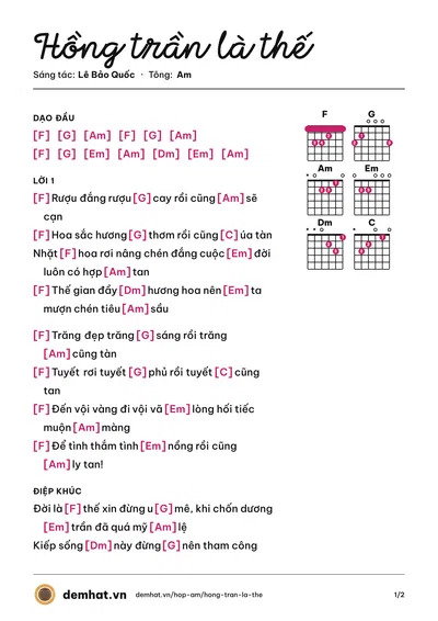 Hợp âm Hồng trần là thế (Phương Nguyễn) – bản nhạc PDF trang 1, tông Am