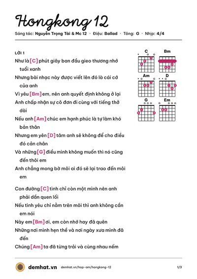 Hợp âm Hongkong 12 (Nguyễn Trọng Tài) – bản nhạc PDF trang 1, tông G