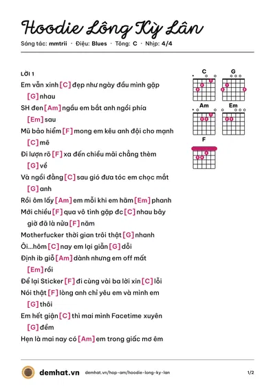 Hợp âm Hoodie Lông Kỳ Lân (Wxrdie) – bản nhạc PDF trang 1, tông C