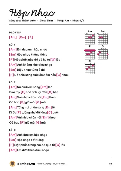 Hợp âm Hộp Nhạc (Thành Luke) – bản nhạc PDF trang 1, tông Am