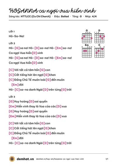 Hợp âm HOSANNA ca ngợi vua hiển vinh (HTTLCC (Cu Chi Church)) – bản nhạc PDF trang 1, tông G
