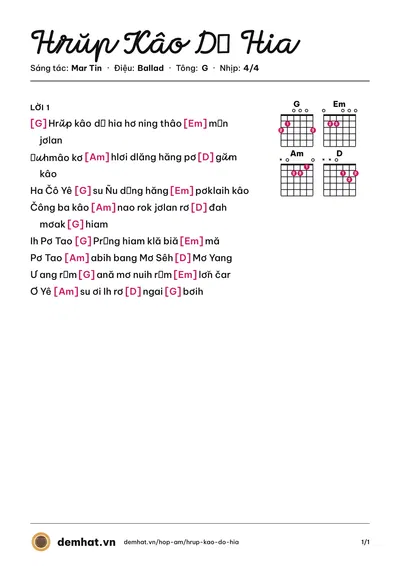 Hợp âm Hrŭp Kâo Dŏ Hia (Mar Tin) – bản nhạc PDF trang 1, tông G