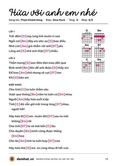 Hợp âm Hứa với anh em nhé (Phạm Khánh Hưng) – bản nhạc PDF trang 1, tông G